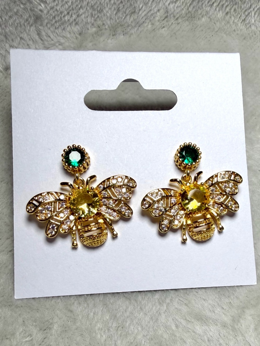 🐝Gold Bee Drop Earrings with Green and Yellow Crystals✨
